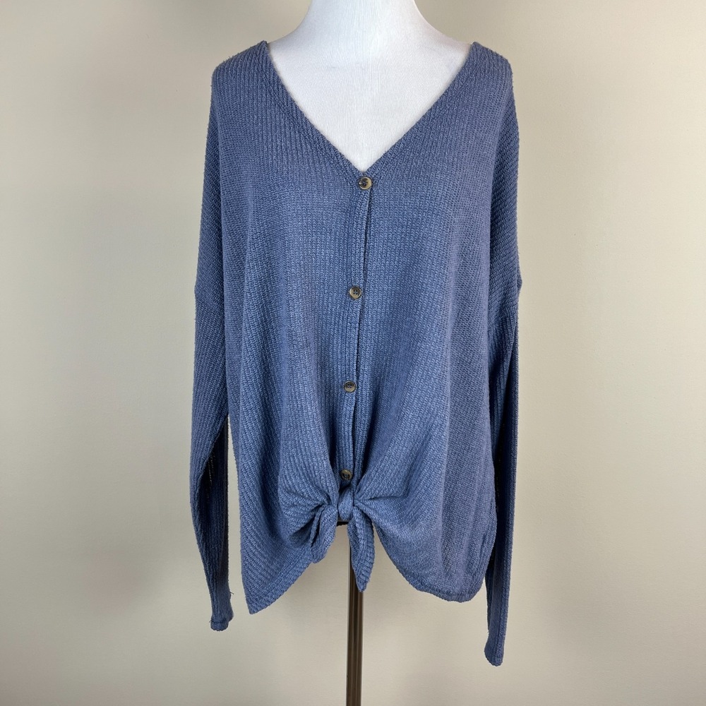 American Eagle Top Womens XLā Blue Knit Tie Front Button Up Long Sleeve V-Neck